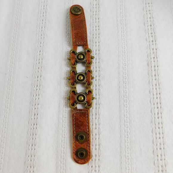 Leatherock USA Brass Genuine Leather Bracelet Cuff Marked LR Brown 7.5" EUC - Picture 6 of 13